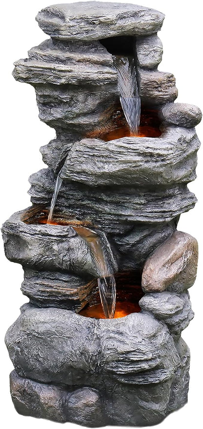 Teamson Home 39.37 in. Outdoor Faux Stacked Stone 4-Tier Water Fountain with LED Lights and Pump, Gray | Faux Stone, Patio Waterfall Feature, LED Lights & Pump, For Yard, Deck, Landscaping