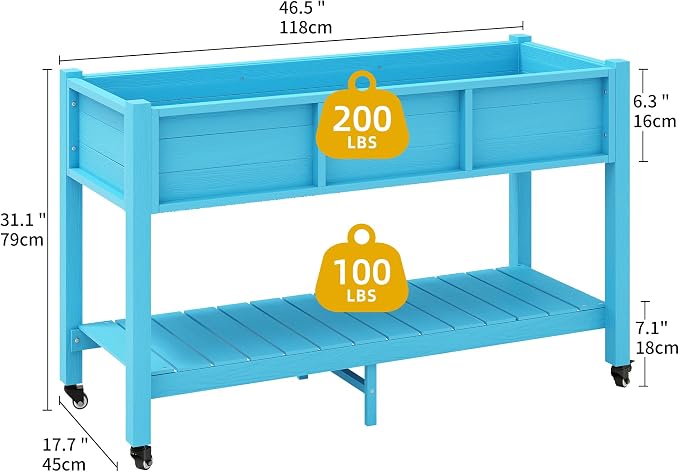 DWVO 47x18x31in Raised Garden Bed HDPE, Weather-Resistant Poly Wood Planter Box Stand, Planter Box with Legs, Storage Shelf & Lockable Wheels, Elevated Garden Bed for Backyard Patio - Aruba Blue