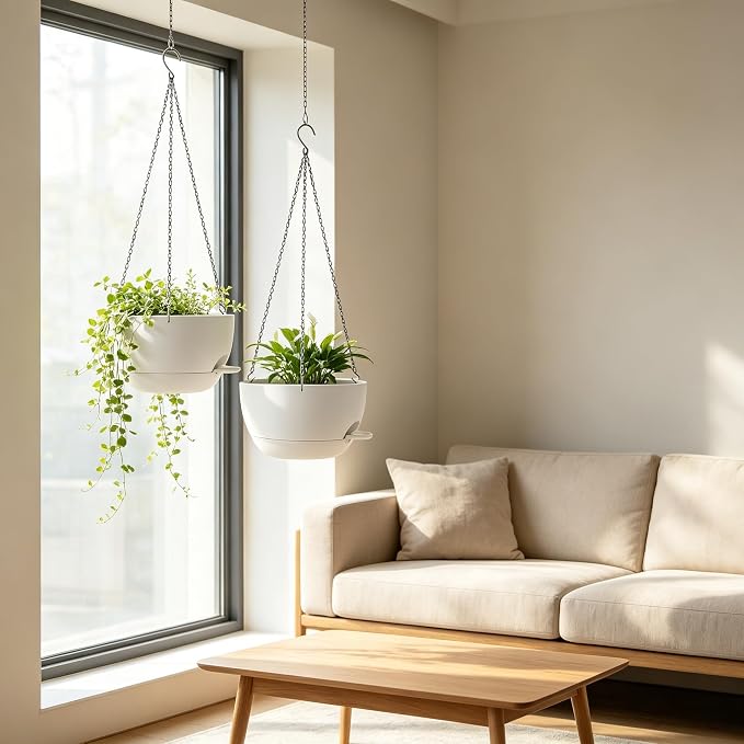 Set of 4-8 Inch Self Watering Hanging Planters for Indoor Outdoor，Hanging Plant Pots with Drainage & Removable Tray, Hanging Pots Holder for Ivy, Pothos, Ferns, Balcony & Patio, White