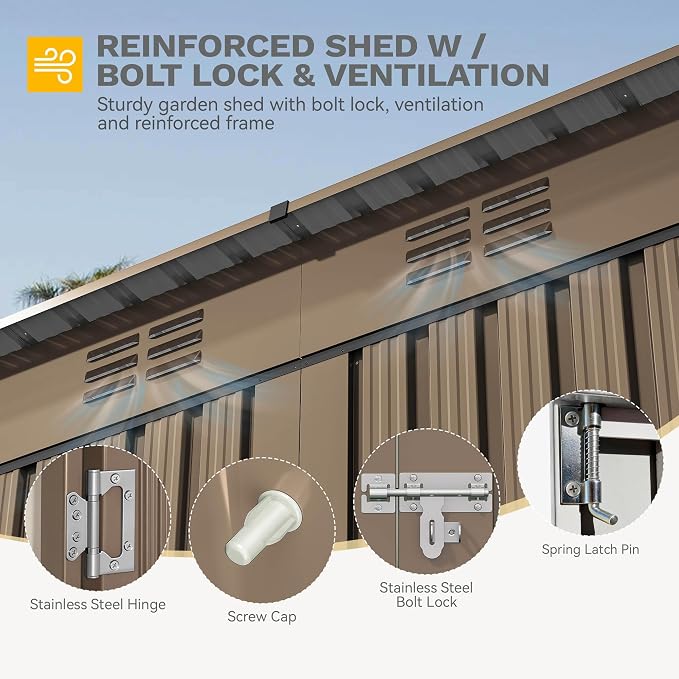 DWVO 9 x 4' Outdoor Storage Shed, Large Metal Tool Sheds, Heavy Duty Storage House with Lockable Doors & Air Vent for Backyard Patio Lawn to Store Bikes, Tools, Lawnmowers, Brown