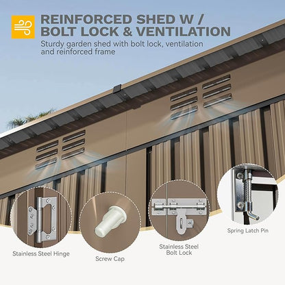 DWVO 9x4ft Large Outdoor Storage Shed, Metal Tool Sheds, Heavy Duty Tool Storage with Lockable Doors & Air Vent for Backyard Patio Lawn to Store Bikes, Tools, Lawnmowers,Brown