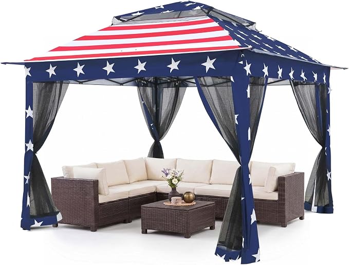 COOS BAY 11x11 Pop Up Gazebo with Mesh Netting, Instant Outdoor Canopy Tent, Water Resistant Shelter with UPF 50+ UV Protection, 121 Sq Ft Coverage, American Flag