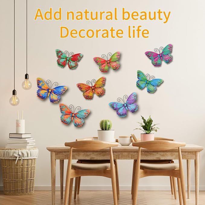 Junware 8 Pcs Metal Butterfly Wall Decor - 7.5" Outdoor Fence Wall Art, Hanging Decoration for Garden Yard Living Room Bedroom Patio Balcony (Butterfly-D)