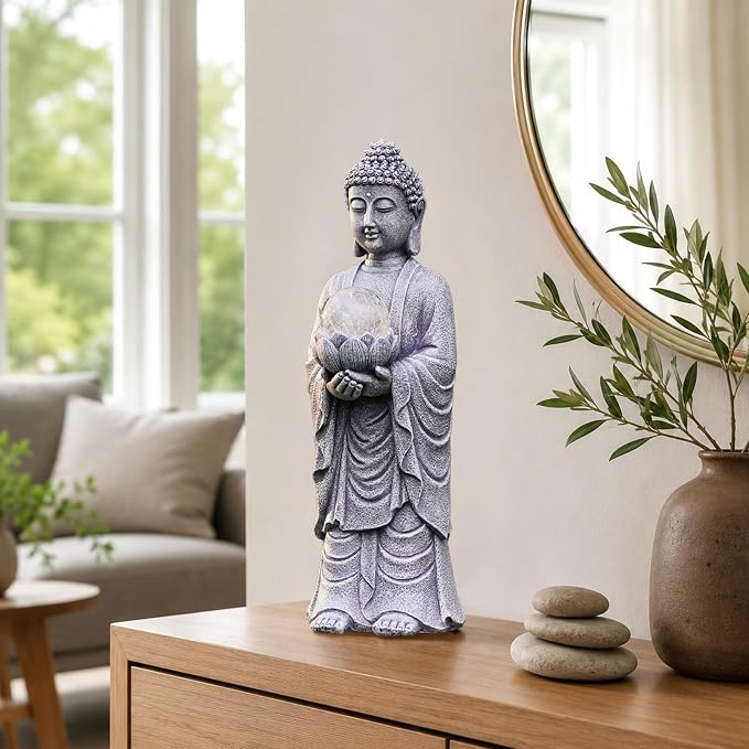 Goodeco Buddha Statue with Solar Lotus – 18.2 Inch Tall Large Garden Buddha Statue for Outside, Outdoor Zen Garden Statues