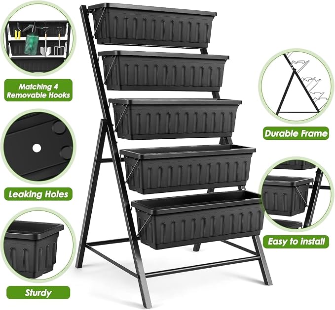 Suyncll 2 Pack Vertical Raised Garden Bed, 5 Tiers Elevated Planter Box with Drainage System and 4 Hooks, 4FT Vertical Planter for Herbs Vegetables Flowers, Black