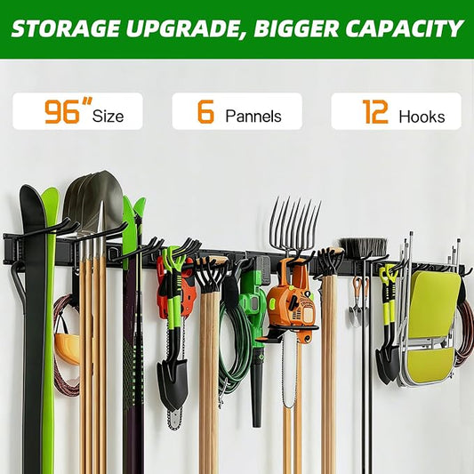PIYILO Garage Wall Organizer, 96 in Garden Tool Organizer with 12 Adjustable Garage Hooks and 3 Storage Straps, Heavy Duty Tool Holder Wall Mount for Garden & Shed Tools