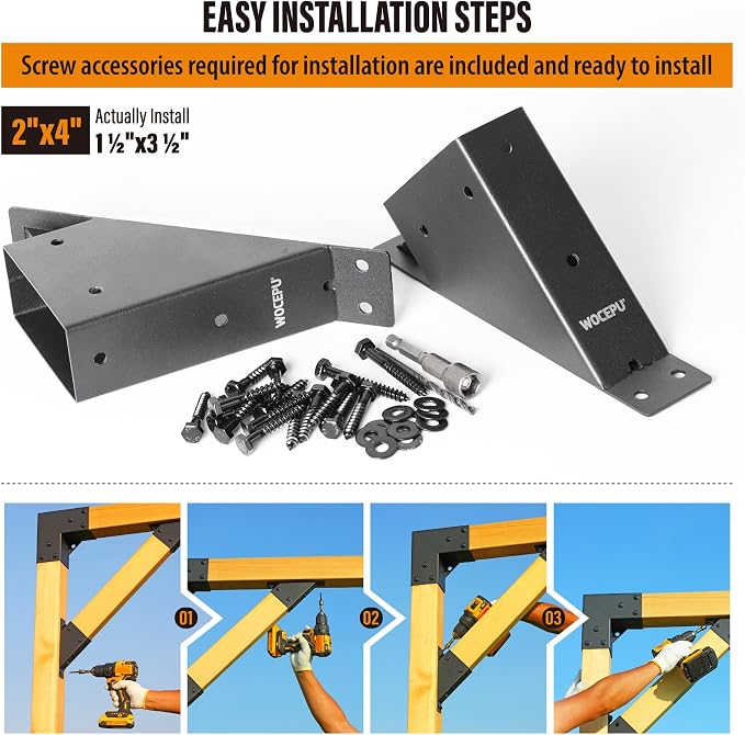2pack 2x4 (Actual 1.5''x3.5'') Degree Angle Support Brackets, For Pergola, Gazebo, Deck Wood Frame Structures Provide Support 45° Degree Angle Bracket