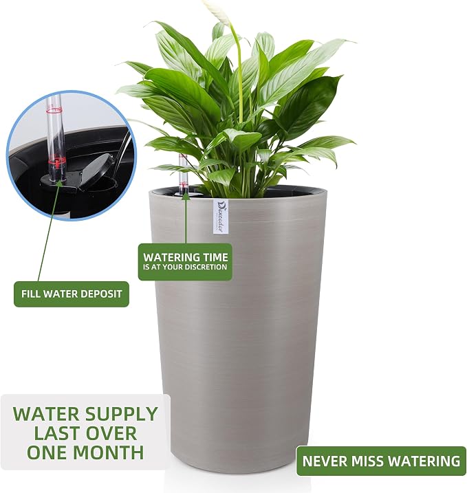 Dexceder 16x12 Self Watering Tall Planter (Coffee, Wire Drawing) | High Cylinder, Thickened Large Floor Standing Flower Plant Pot with Water Level Indicator Indoor Outdoor
