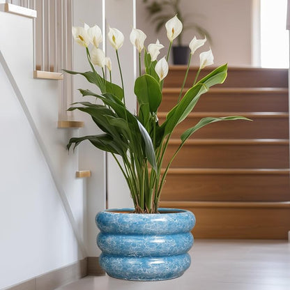 SQOWL Ceramic Plant Pot Indoor with Drainage Hole 13.5 Inch - Large Outdoor Planter Ceramic Flower Pot Modern Round Planter Decorative Plant Pot for Outdoor Porch Decor Blue