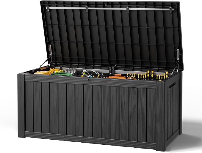 Outdoor Storage Box, Resin Deck Boxes Indoor and outdoor, Waterproof Storage Box Lockable Lid (Black,150 Gallon)