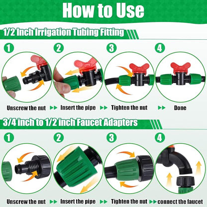 28 Pcs 1/2 Inch Drip Irrigation Fittings Kits,Drip Hose Connector for 1/2" Irrigation Tubing(1/2" ID x0.6-0.63"OD) with 6 Tees,6 Couplings,4 Switch Valves,4 End Cap, 4 Elbows,4 Faucet Adapter