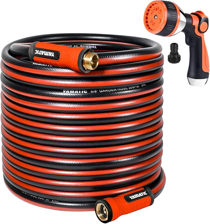 YAMATIC 100FT Garden Hose 5/8in I.D. with 10 Function Water Hose Nozzle | 3/4" Solid Brass Connections, 360° Swivel Handle for Leakproof, Adjustable Spray Nozzle with Thumb Control for Backyard Lawn