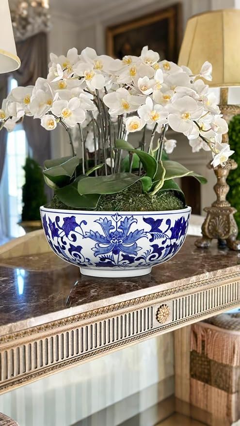 Hollyone Set of 2 Blue and White Vase Porcelain Planters 7 + 9 inch Garden Bowl Modern Ceramic Pots Classic Chinese Floral Vase for Indoor Outdoor Succulents Bonsai Fairy Gardens Herbs