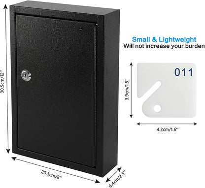 KYODOLED Key Storage Lock Box Wall Mount, Locking 40 Key Cabinet Holder Box with Key Lock, Hooks & Labels for Home, Office, Commercial Management, 2.5" D x 8.1" W x 12.1" H, Black