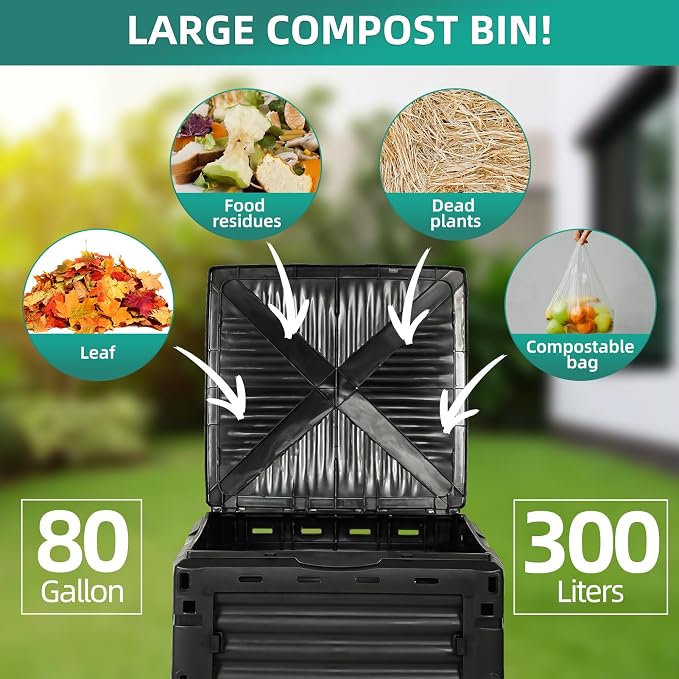 Compost Bin Outdoor, 80 Gallon Large Garden Composter, Black | Large 300L capacity with BPA-free construction, secure flip-latch lid, and easy assembly for garden, kitchen, and yard waste.