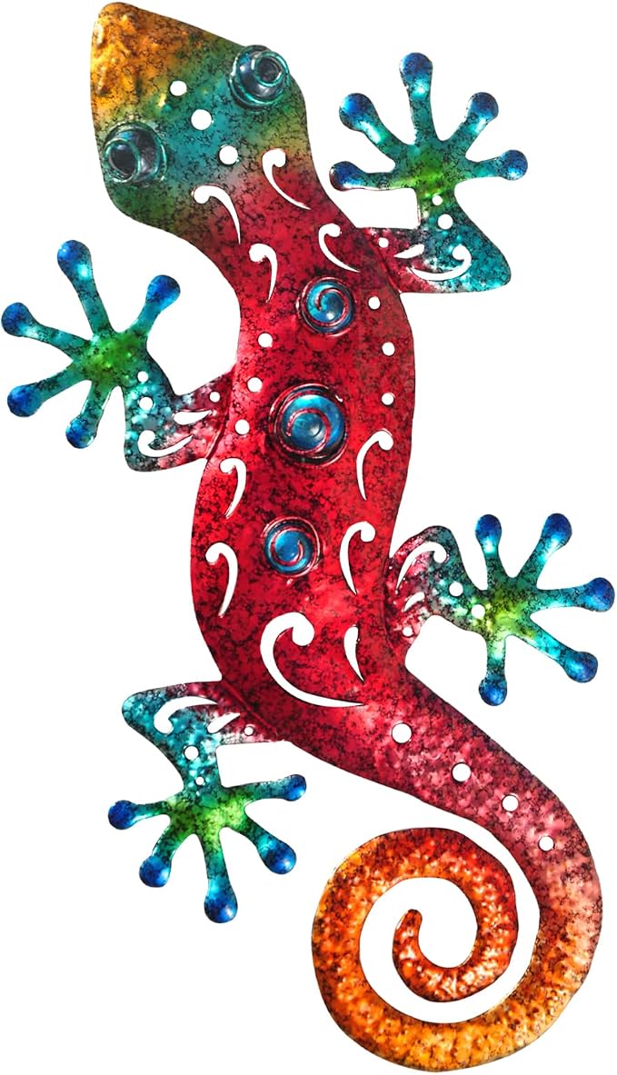 Tuokiuhn Metal Outdoor Red Gecko Wall Decor Lizard Garden Decoration Outdoor Fence Yard Wall Art Country Farmhouse Decor 13.5 * 7.5Inch