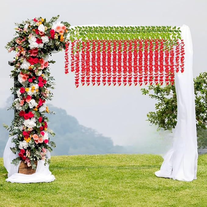 Artificial Wisteria Hanging Flowers Fake Wisteria Flower Garland Silk Vines Rattan Decor for Home Wedding Arch Wall Garden Greenery Bedroom Outdoor Office Party Decoration (12, Red)