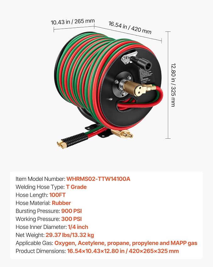 VEVOR Retractable Welding Hose Reel, Hand Crank Manual Rewind Hose Reel with 1/4 Inch x 100FT Twin Oxygen Acetylene Rubber Hose Max 300PSI - T Grade, Ceiling/Wall Mount Steel Reel for Workshop Garages