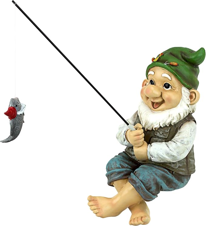 Design Toscano Ziggy with Fishing Pole Garden Gnome Indoor/Outdoor Shelf Sitter Statue, 9 Inch Tall, Cast Stone Resin, Full Color Finish