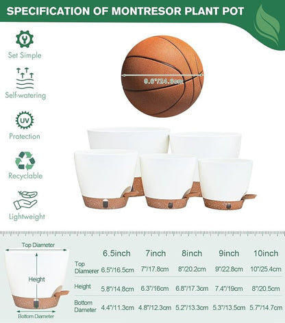 5-Pack Self Watering Flower Pots for Indoor Plants, 10/9/8/7/6.5Inch PP Plastic Plant Pots Indoor with Drainage & Water Level Indicator, Indoor Planters with Drainage, Self Watering Planters, White