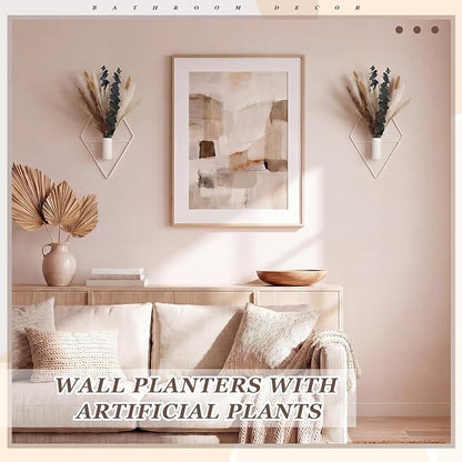 Jexine 4 Pcs Hanging Planters with Artificial Pampas Eucalyptus Metal Hanging Vase Indoor Plants Holder Modern Geometric Boho Bathroom Wall Decor for Living Room Home Office, Matte White