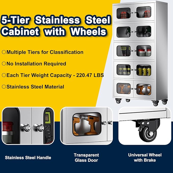 ZZV 68" Full-Assembled Stainless Steel Cabinet with Glass Doors, 5-Tier Rolling Kitchen Pantry Storage Cabinet with Wheels for Garage, Warehouse, Utility Room, Laundry Room, Restaurant, Cafe