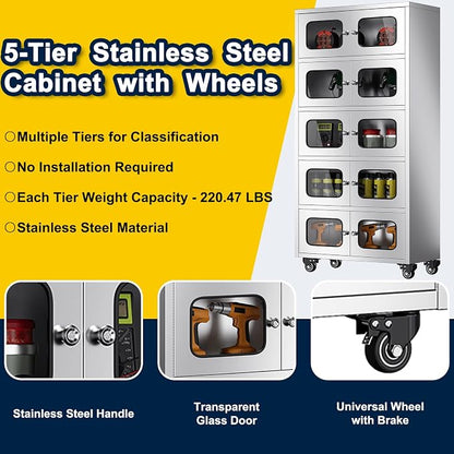 ZZV 68" Full-Assembled Stainless Steel Cabinet with Glass Doors, 5-Tier Rolling Kitchen Pantry Storage Cabinet with Wheels for Garage, Warehouse, Utility Room, Laundry Room, Restaurant, Cafe