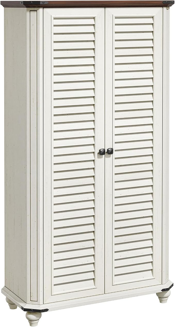 DWVO 4-Tier Storage Cabinet with 2 Shutter Doors, Farmhouse Kitchen Pantry Cabinet with Adjustable Shelves, Wooden Cabinet for Kitchen, Dining Room, Living Room, Office, Rustic White | 4-Tier Storage Cabinet with 2 Shutter Doors, Wooden Cabinet for Kit...