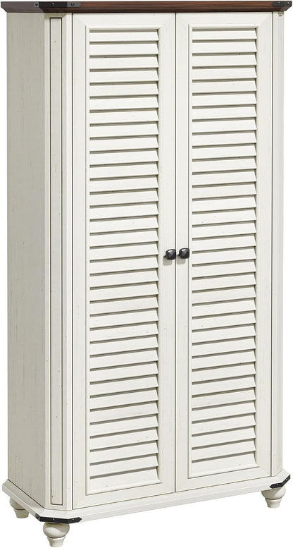 DWVO 4-Tier Storage Cabinet with 2 Shutter Doors, Farmhouse Kitchen Pantry Cabinet with Adjustable Shelves, Wooden Cabinet for Kitchen, Dining Room, Living Room, Office, Rustic White | 4-Tier Storage Cabinet with 2 Shutter Doors, Wooden Cabinet for Kit...