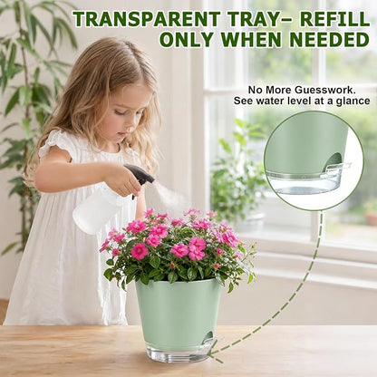 QRRICA 5/5.5/6/6.5/7/8 inch Self Watering Pot Set, Visible Water Level Planter with Transparent Reservoir & Drainage Holes, Plastic Flower Pots with Cotton Rope for Indoor/Outdoor Use (Green)