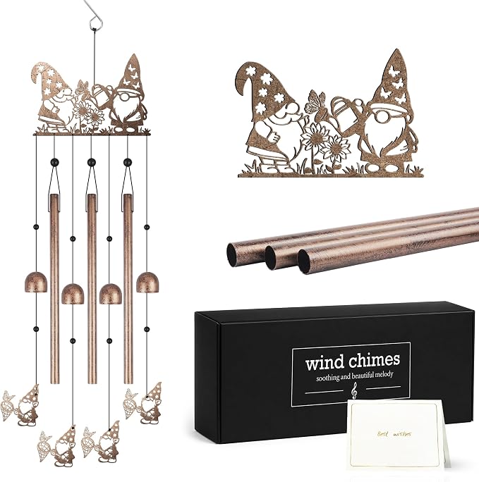 Gnome Wind Chimes for Outside, Garden Metal Windchimes with Cute Gnome Design for Patio Porch Yard Decor, Outdoor Gifts for Garden Lovers Women Men