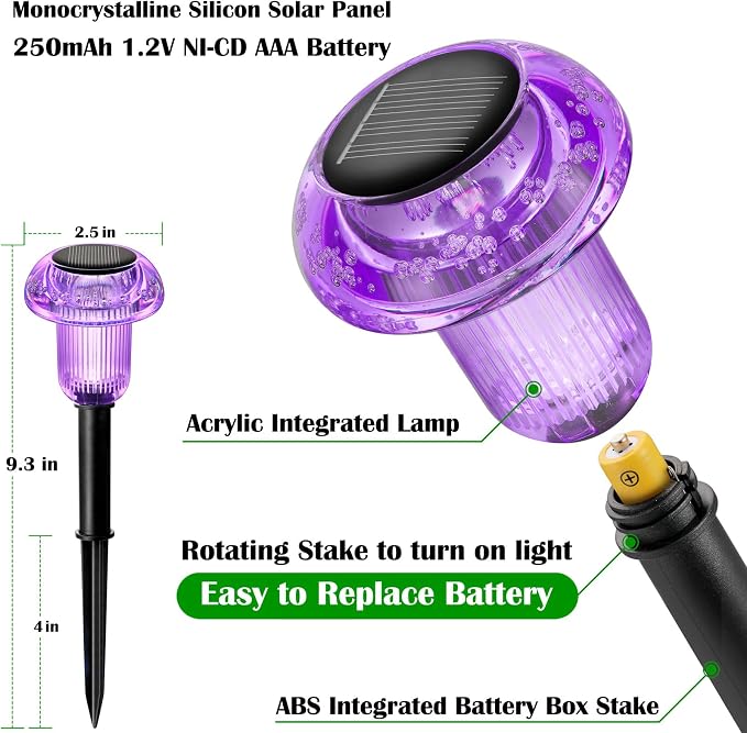 Priddop Solar Halloween Lights Outdoor Waterproof 8Pack Purple LED Mushroom | Yard Pathway Garden Decorative Patio Landscape Path Walkway Spike Pattern Acrylic Cap ABS Stake Outside Halloween Decor