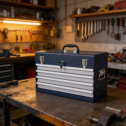 4 Drawers Metal Tool Box, 21'' Portable Metal Tool Box with EVA Liners & Auto-Locking Mechanism, Heavy Duty Steel Tool Chest with Ball-Bearing Drawer Slides & Convenient Top Handle, Grey