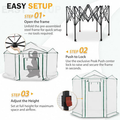 EAGLE PEAK 6.6x6.6 Portable Walk in Greenhouse, Pop Up Indoor Outdoor Greenhouse, Green House Kit with Zippered Roll-Up Doors and Windows, Hexagon Design, PE Cover, Clear/White