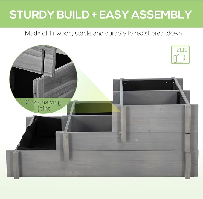 Outsunny 3-Tier Raised Garden Bed with 5 Compartments and Bed Liner, Fir Wood Elevated Planter Box, for Vegetables, Herbs, Outdoor Plants, 37 x 37 x 14in, Gray