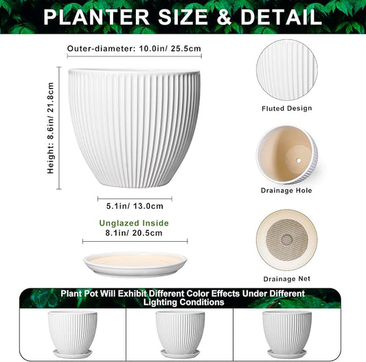 10 Inch Planter, Ceramic Plant Pots with Drainage Hole and Saucer, Modern Large Planters for Indoor Plants, Round Planter, Decorative Flower Pots, Living Room Decor, Gifts for Men Women, White