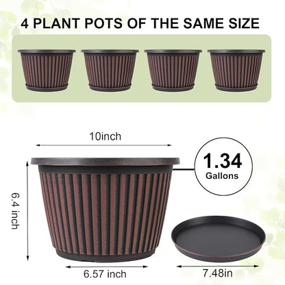 Myfeegoin Planter-Pots-for-Plants-Indoor-Outdoor, 4 Pack 10 Inch Plastic Flower Pots with Saucer & Drainage Holes, Modern Garden Planters for Planting Medium Large Plants，Decorative Resin Garden Pots
