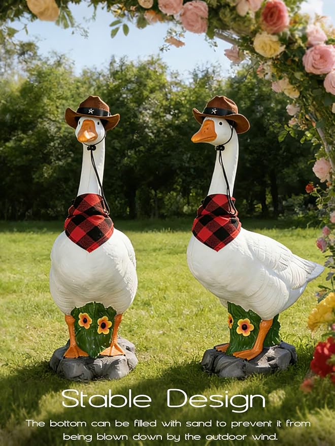LarpGears Premium Adjustable Large Porch Goose Statue – 23” Realistic Hollow Plastic Garden Goose with Removable Cowboy Hat & Bandana, Stone Base with Sand-Fillable Design for Outdoor Stability