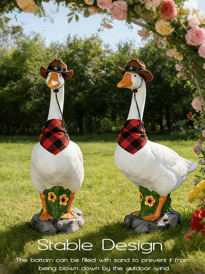 LarpGears Premium Adjustable Large Porch Goose Statue – 23” Realistic Hollow Plastic Garden Goose with Removable Cowboy Hat & Bandana, Stone Base with Sand-Fillable Design for Outdoor Stability
