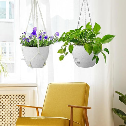 Meowell 10 inch Self Watering Hanging Planters, 2 Pack Hanging Baskets for Indoor Outdoor Plants, Hanging Flower Pots with Drainage Holes and 2 Kinds of Plant Hangers for Garden Decor, Speckled White