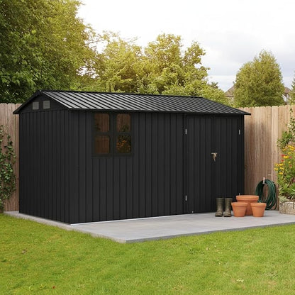 KEIKI 12x10 Ft Metal Outdoor Storage Shed Garden with Window, Foldable Worktable & Shelves, Lockable Door, Waterproof Apex Roof Heavy Duty Tool House for Backyard Garden Lawn, Black