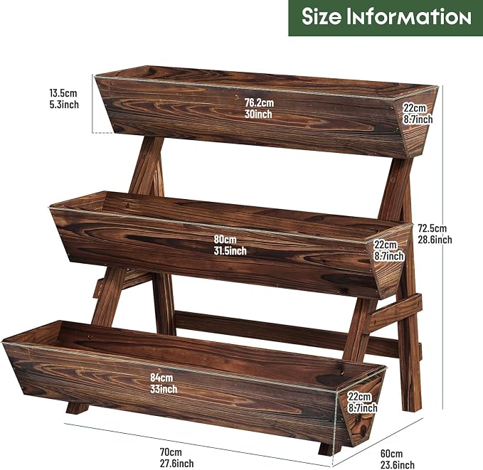 3-Tier Vertical Wooden Raised Garden Bed, Freestanding Garden Planter Box, Wood Flower Rack, Planter Box for Herbs, Vegetables, Outdoor Indoor Use, Large-Brown, Large-Carbonized