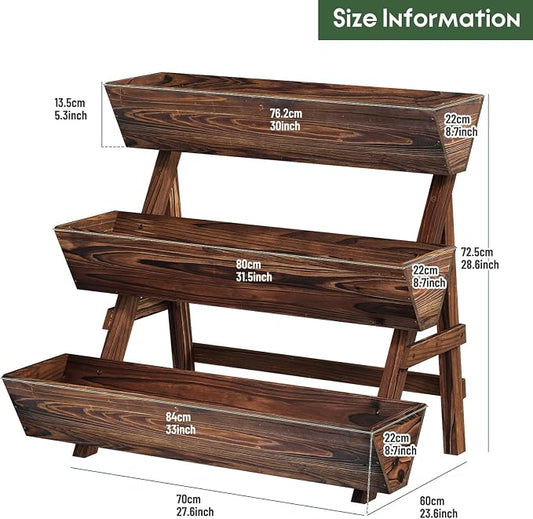 3-Tier Vertical Wooden Raised Garden Bed, Freestanding Garden Planter Box, Wood Flower Rack, Planter Box for Herbs, Vegetables, Outdoor Indoor Use, Large-Brown, Large-Carbonized