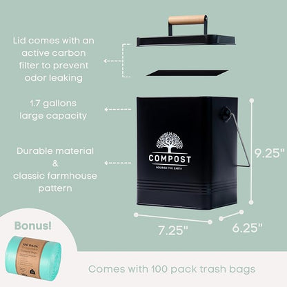 PERFNIQUE Kitchen Compost Bin, 1.7 Gallon Countertop Compost Bin with Lid, Indoor Compost Bin Includes 2 Carbon Filters, Small Compost Bucket, Food Waste Bin for Kitchen with Trash Bags (Matte Black)