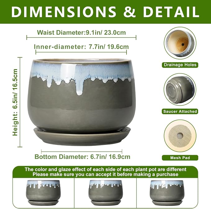 Ceramic Flower Pots - 9 Inch Planters for Indoor Plants, Indoor Planter with Drainage and Saucer, Round Decorative Plant Pots for Plants, Porch Home Decor, Grey-Blue