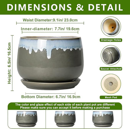 Ceramic Flower Pots - 9 Inch Planters for Indoor Plants, Indoor Planter with Drainage and Saucer, Round Decorative Plant Pots for Plants, Porch Home Decor, Grey-Blue