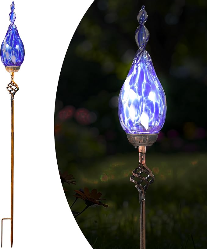 Solar Garden Lights Outdoor, Decorative LED Flame Garden Stakes, Hand Blown Glass and Outdoor Waterproof Glass Stakes (Dark Blue)