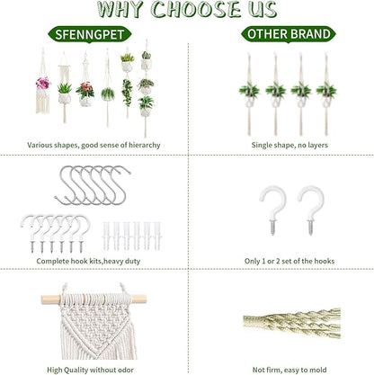 SFENNGPET Macrame Plant Hangers, 6Pack Hanging Planters for Indoor Plants w/ 6 Set Hangers Kit Handmade Macromay Plant Hangers Indoor Flower Pots Holder Stand for Boho Home Décor (POTS NOT Included)