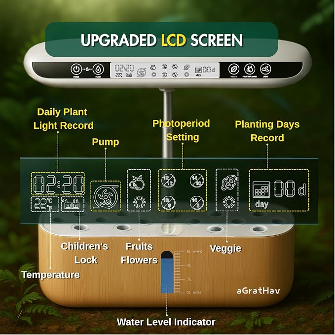 Hydroponics Growing System Kit, Indoor Herb Garden, 14 Pods Upgraded LCD Display, LED Grow Light Quiet Smart Water Pump Automatic Timer, Hydroponic Planter for Home Kitchen Office (White)