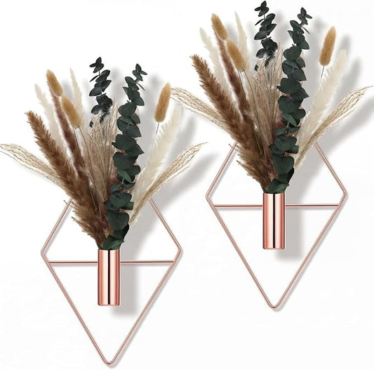 Jexine 4 Pcs Hanging Planters with Artificial Pampas Rose Gold Metal Hanging Vase Indoor Plants Holder Modern Geometric Boho Bathroom Wall Decor for Living Room Home Office